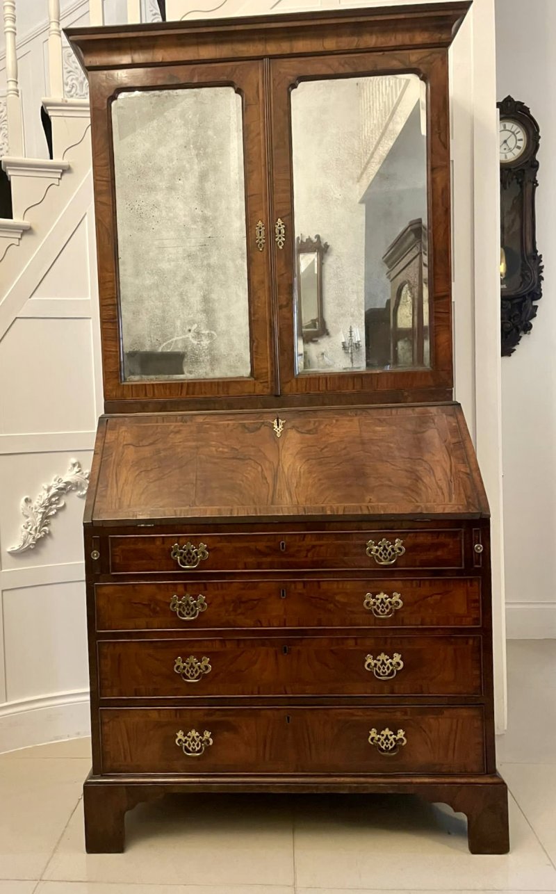 Antique George I Quality Figured Walnut Bureau Bookcase